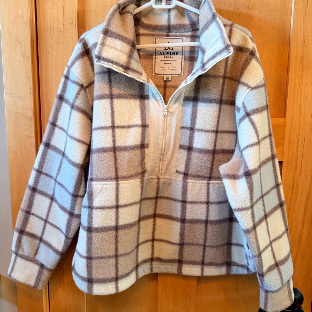 Alpine Design women’s  Plaid Fleece Pullover - White and Brown with soft blue